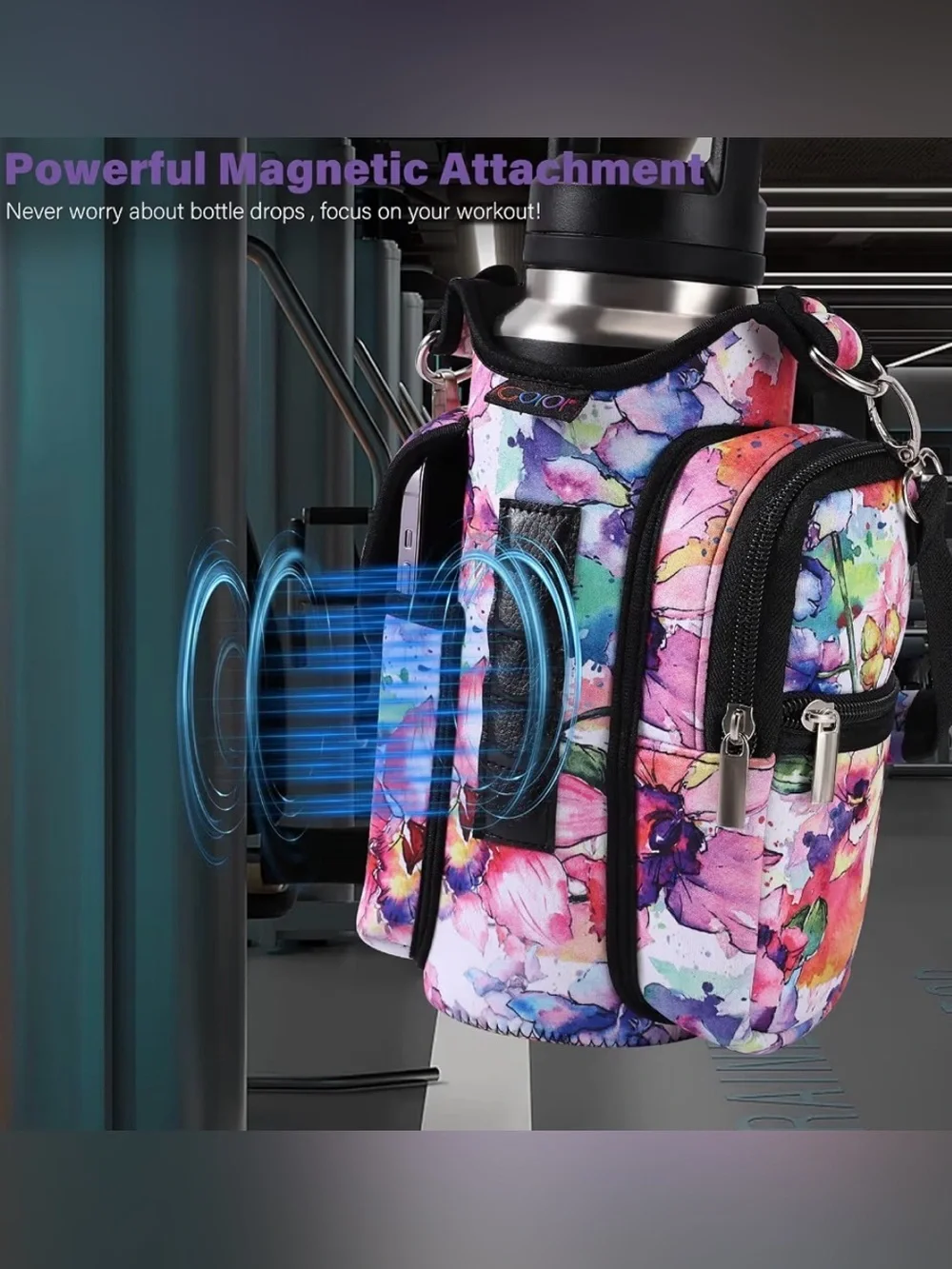 Floral Magnetic Gym Bag Water Bottle Holder with Phone Pockets & Shoulder Strap